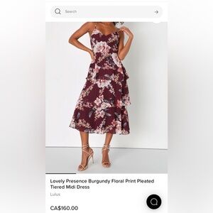 New with Tags Lovely Presence Burgundy Floral Print Pleated Tiered Midi Dres